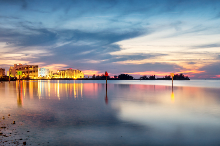 Stock photograph of the waterfront in New Port Richey Florida USA after sunset.